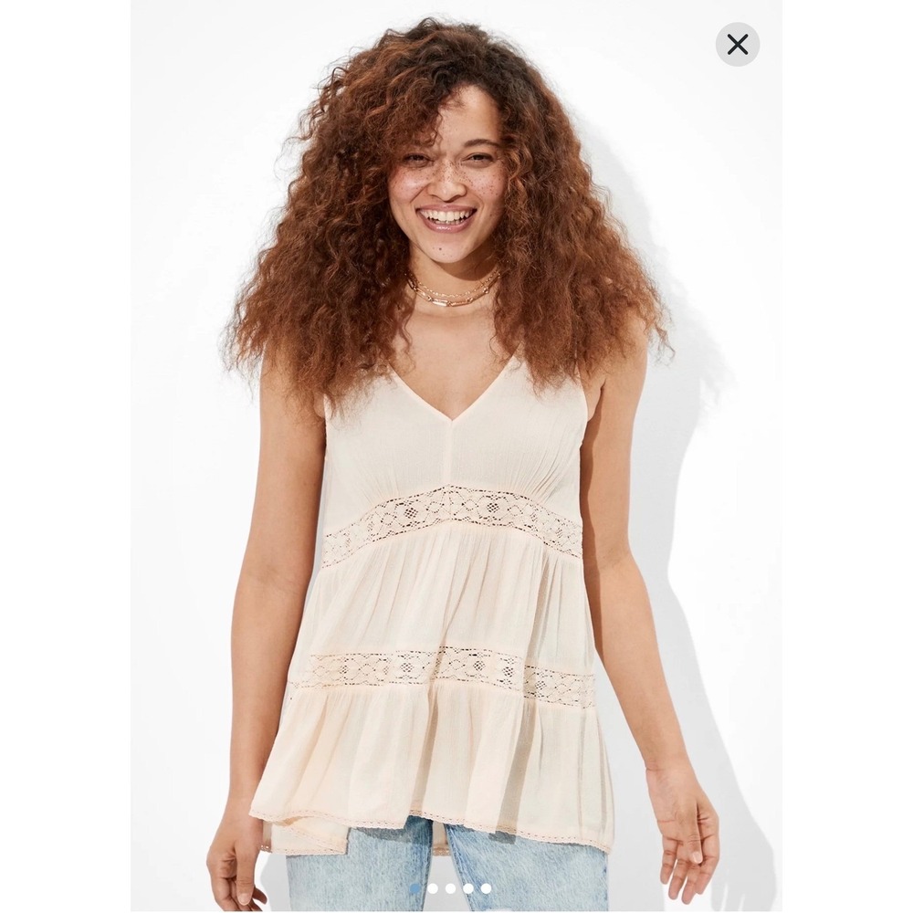American Eagle Boho Crochet Lace Tiered Babydoll Tank Top Cream XS
